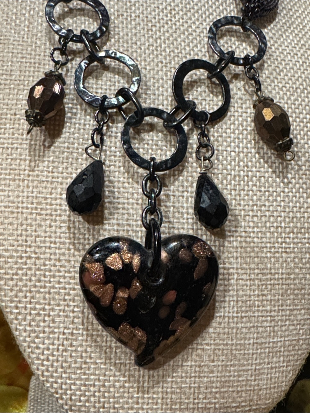 Statement Black and Brown glass Heart Pendant Necklace - black metal chain - Picture 3 of 4